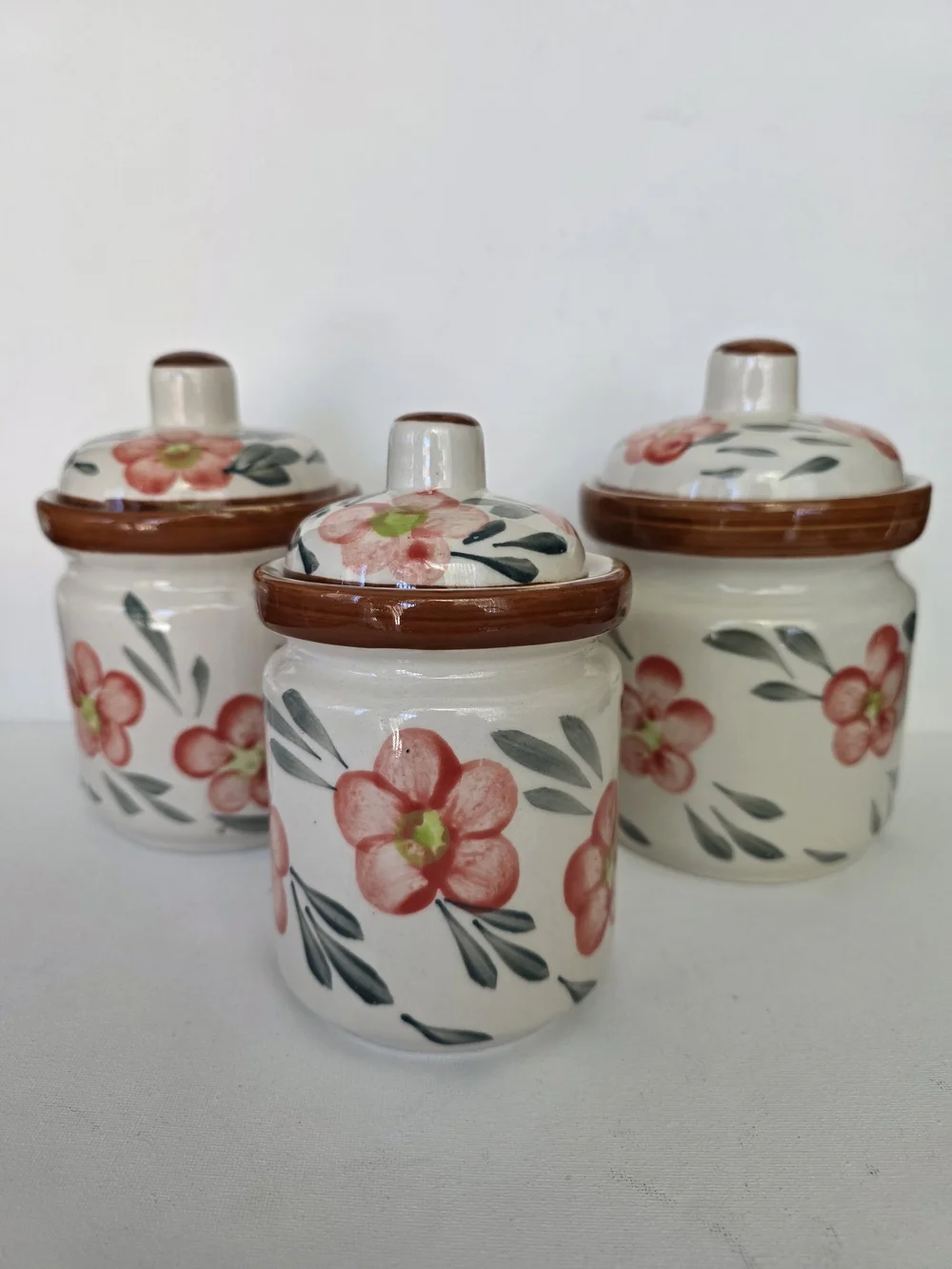 Vintage Hand-Painted Floral Ceramic Canister - Coral Flowers.